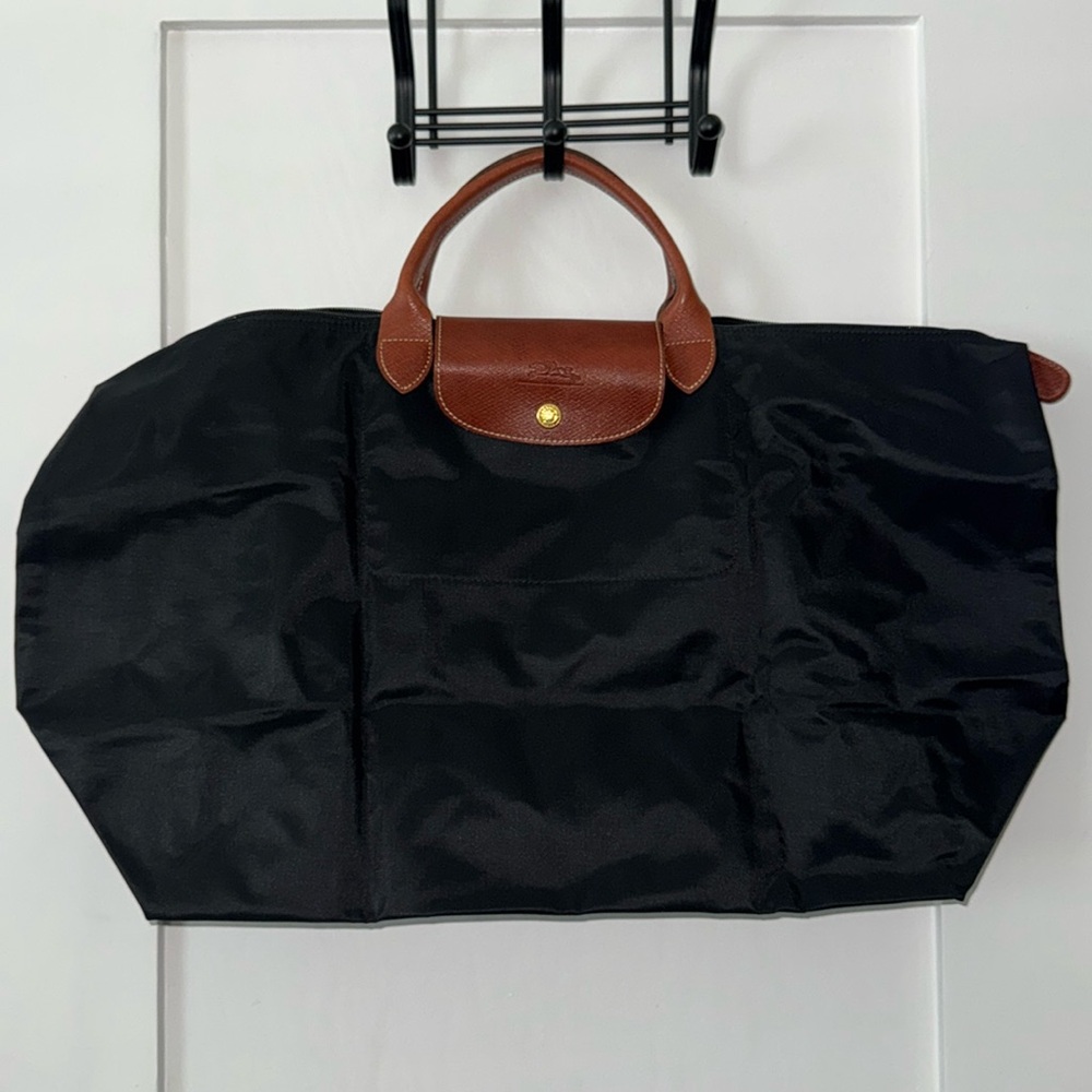 Longchamp Le Pliage Large Travel Tote Bag with Brown Handles